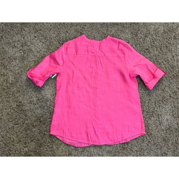 NWT CHARTER CLUB Pink 100% Linen button Front Blouse Top Roll Tab Sleeve LARGE - Picture 5 of 9